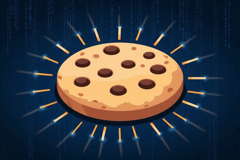 Ilustración de una cookie digital y datos fluyendo