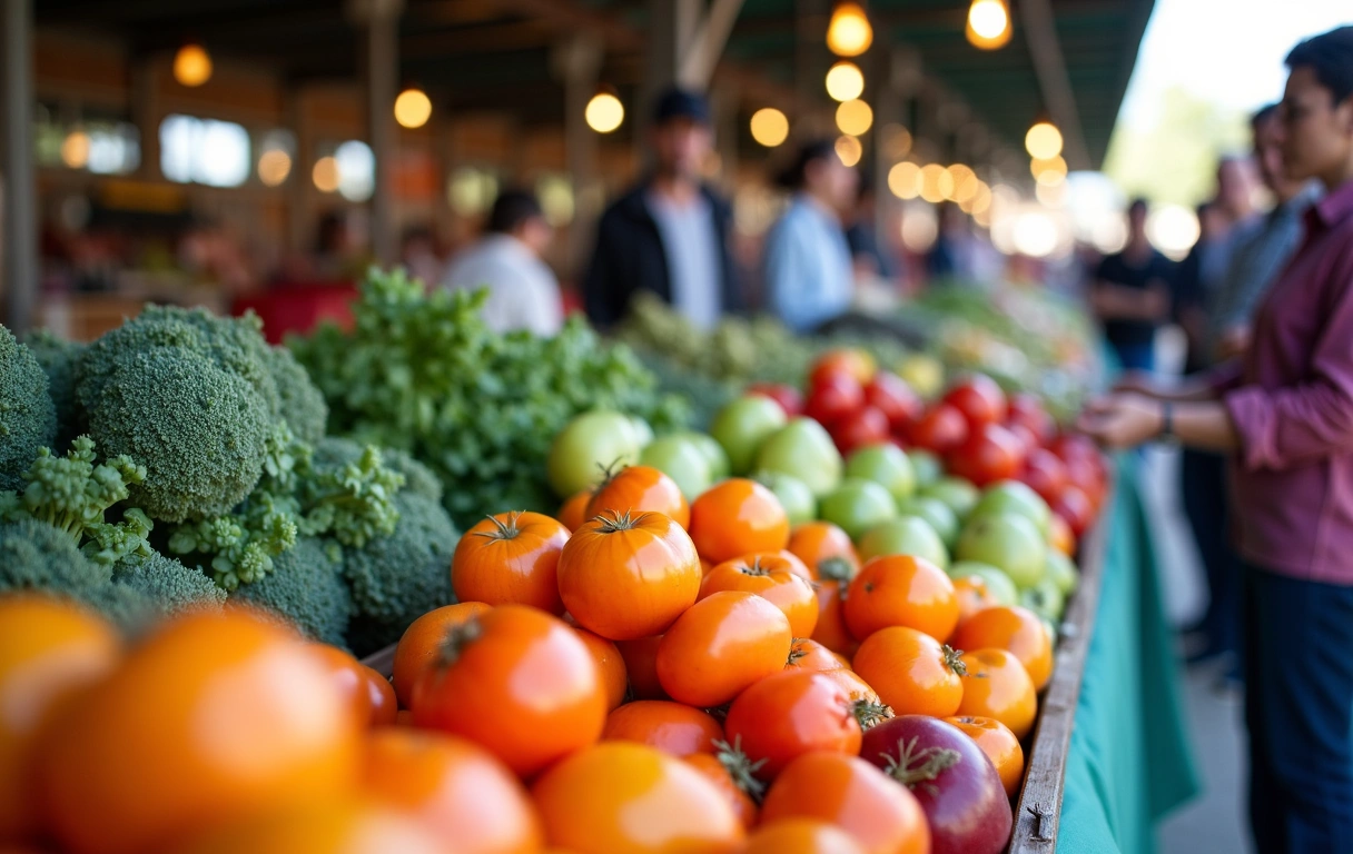 Un mercado de agricultores vibrante con puestos llenos de frutas y verduras frescas de temporada, destacando la importancia de los productos locales y sostenibles.