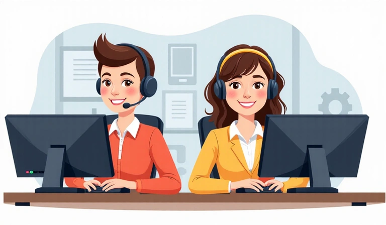 Ilustración de un equipo de soporte al cliente con auriculares, listo para ayudar