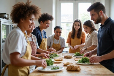 Grupo de personas aprendiendo a cocinar de forma saludable en un taller