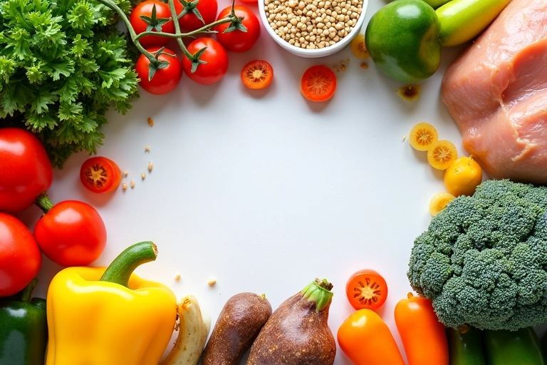 Variedad de alimentos saludables dispuestos estéticamente para un plan de alimentación