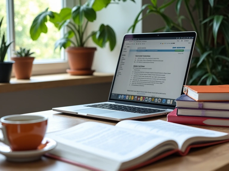 Libros de nutrición y un ordenador en un escritorio limpio