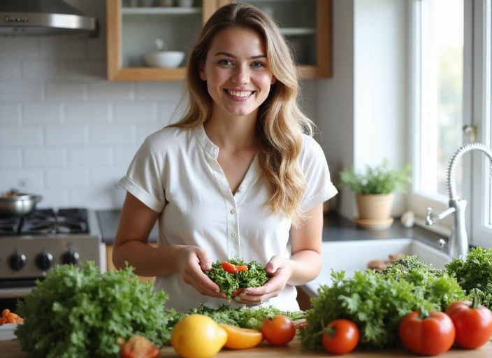 Mujer sonriendo mientras prepara una ensalada saludable